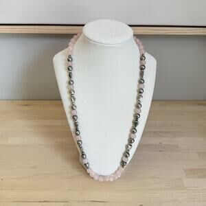 Vintage Rose Quartz Beaded Necklace 24.5” Pink Stone Silver Tone Spacer Beads
